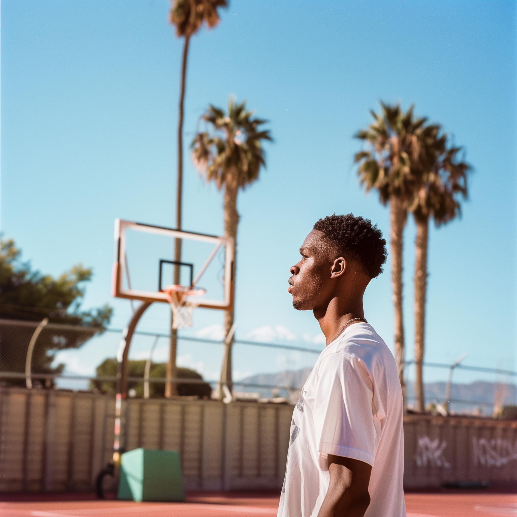 Basketball player on a basketball court, looking at the hoop